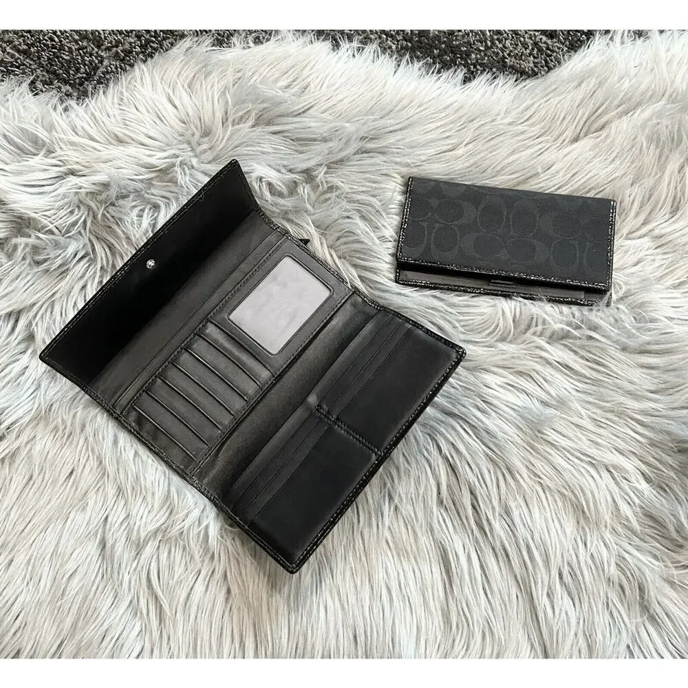 VTG COACH Black Signature 12CM Jacquard Patent Leather Trifold Clutch Wallet Set